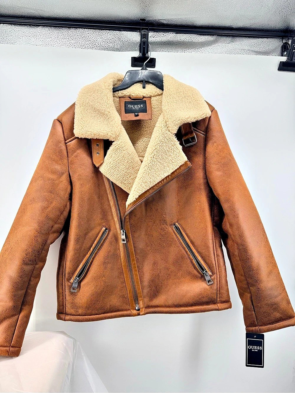 GUESS Toni DF Faux Shearling Moto Jacket Dirty Chai Brown Men’s L NWT $295